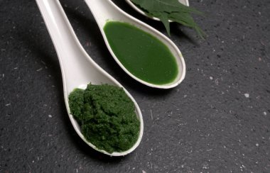 Medikal Ayurvedic Azadirachta Indica veya Neem kaşıklarda macun bırakır