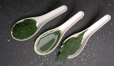 Medikal Ayurvedic Azadirachta Indica veya Neem kaşıklarda macun bırakır