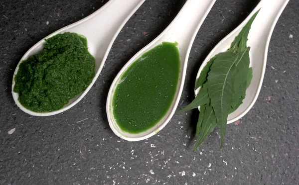 Medikal Ayurvedic Azadirachta Indica veya Neem kaşıklarda macun bırakır
