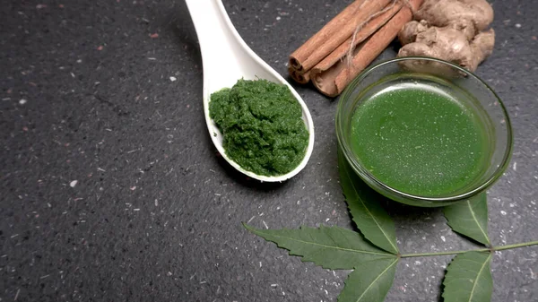 Medicinal Ayurvedic Azadirachta Indica Neem Leaves Paste Spoon Bowl — Stok Foto