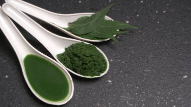 Medikal Ayurvedic Azadirachta Indica veya Neem kaşıklarda macun bırakır