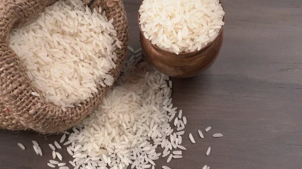 Sack Bowl White Rice Wooden Background — Stock Photo, Image