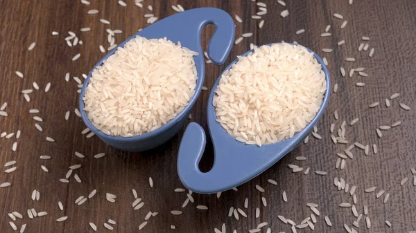 Ahşap zemin üzerinde beyaz pirinç kaseleri 