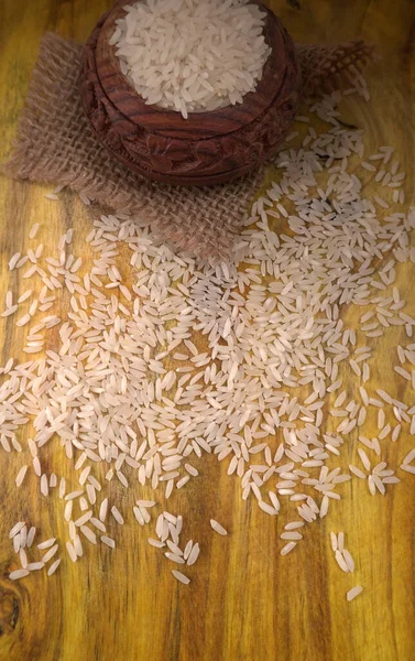 Чаша Белого Риса Деревянном Фоне — стоковое фото
