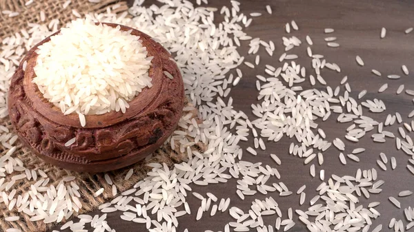 Bowl White Rice Wooden Background — Stock Photo, Image