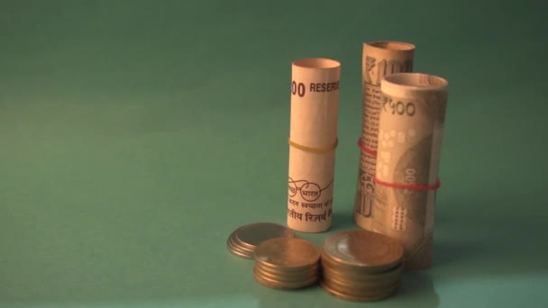 Coins Rolled Indian Currency Closeup Money Saving Financial Concept Money — Stock videók