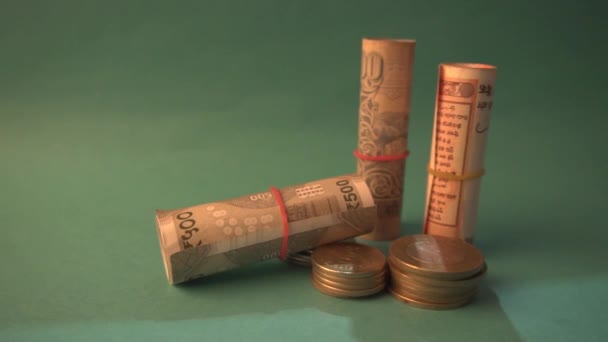 Coins Rolled Indian Currency Closeup Money Saving Financial Concept Money — Stockvideo