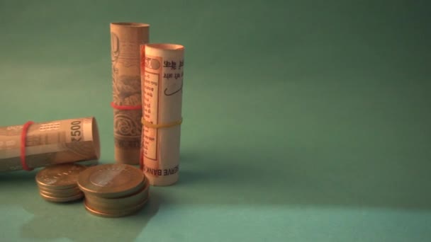 Coins Rolled Indian Currency Closeup Money Saving Financial Concept Money — Stock videók