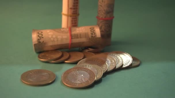 Coins Rolled Indian Currency Closeup Money Saving Financial Concept Money — Stock videók