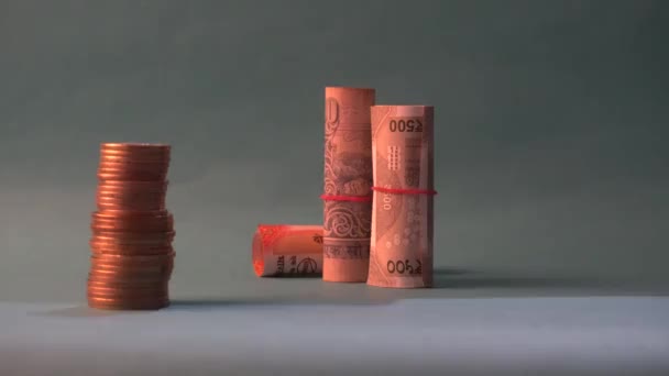 Coins Rolled Indian Currency Closeup Money Saving Financial Concept Money — Vídeo de Stock