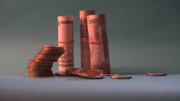 Coins Rolled Indian Currency Closeup Money Saving Financial Concept Money — Vídeo de Stock