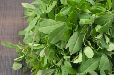 Ahşap arka planda bir sürü taze yeşillik. Vejetaryen gıda yaşam tarzı konsepti, alanı kopyala.