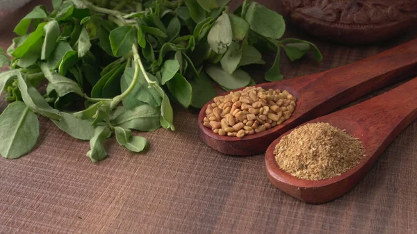 Semillas Cilantro Seco Con Cucharas Bambú Pequeñas Hojas Cilantro Verde — Foto de Stock