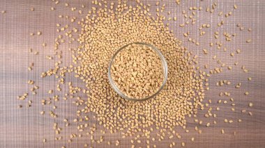 Masada organik çemen otu tohumu, Hint mutfağı malzemesi, yakın çekim. 