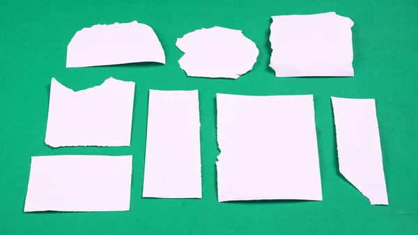 白色撕破条纹 笔记本 文字或信息的便笺贴在绿色背景上 — 图库照片