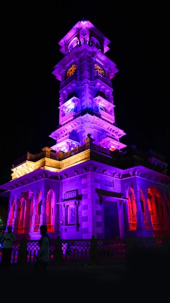 Ancient Clock Tower Purple Light Night India — Stok fotoğraf