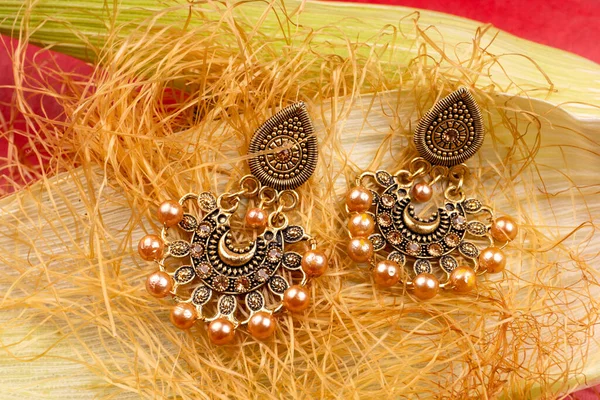 Beautiful Gold Earrings Corn Plant Red Background — Stok fotoğraf