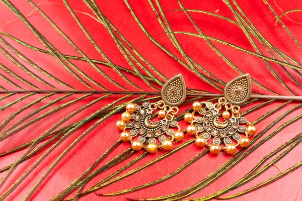 Beautiful Gold Earrings Red Background —  Fotos de Stock