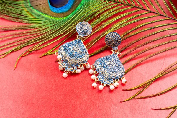 Beautiful Gold Earrings Peacock Feather Red Background — Stockfoto