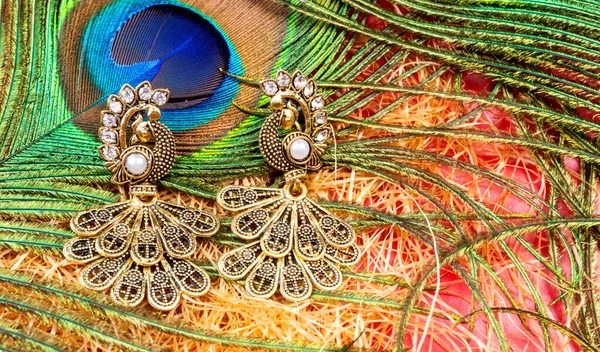 Beautiful Earrings Peacock Feather Red Background — Zdjęcie stockowe