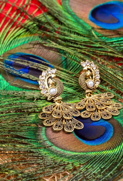 Beautiful Earrings Peacock Feather Red Background — Foto Stock