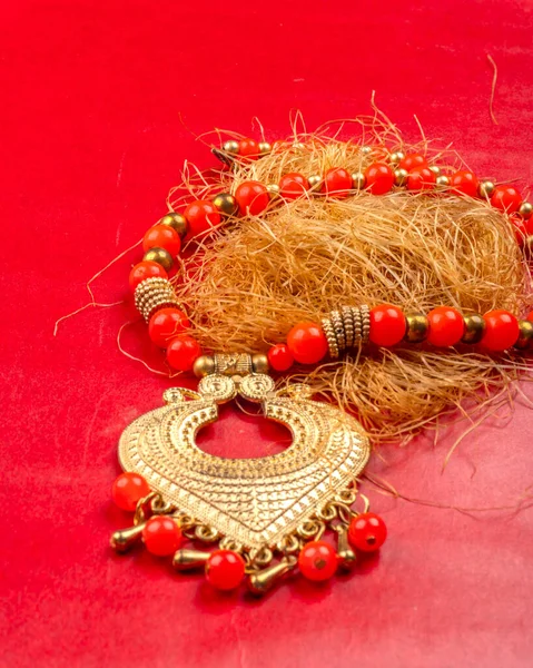 Beautiful Traditional Indian Necklace Heart Form Red Background — Photo