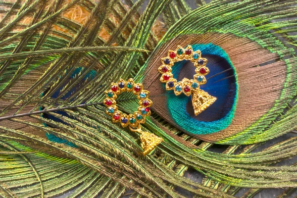 Golden Earrings Peacock Feather — Stock Fotó