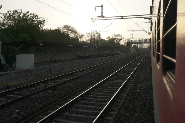 Railway Tracks Sunset Time — 图库照片