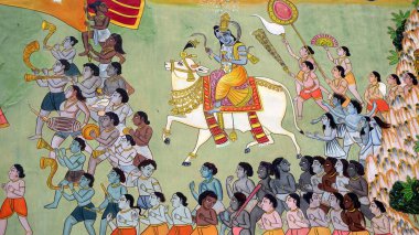 Picture on ancient temple wall in India