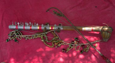 Traditional Indian musical instrument on pink background with shadow