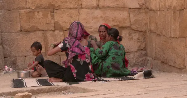 Women Boy Sitting Brick Wall India — ストック写真