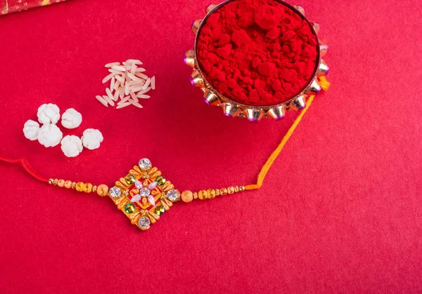 Traditional Indian Jewelry Spice Rice Red Background — Stock Fotó