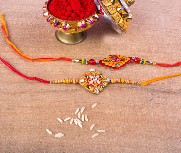 Traditional Indian Jewelry Spice Rice Wooden Background — Stock Fotó