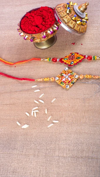 Traditional Indian Jewelry Spice Rice Wooden Background – stockfoto