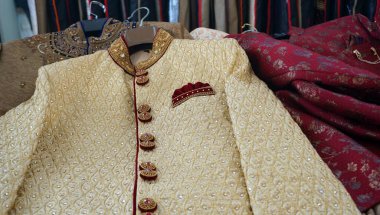 Set of different clothes in store