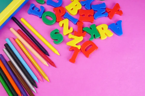 English Alphabet Letters Colorful Pencils Childish School Blackboard Pink Background — Foto de Stock