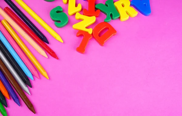 English Alphabet Letters Colorful Pencils Pink Background Back School Education — Foto de Stock