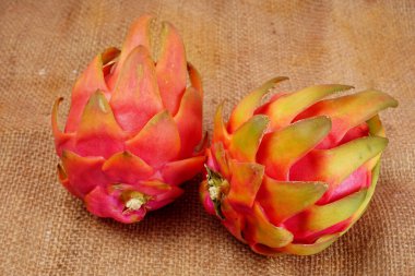 Fresh ripe dragon fruit on sack background