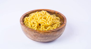 Delicious noodles in bowl on white background