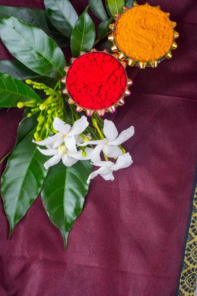 Beautifully Decoration for festival celebration to worship with flowers and leaves. Copy space.