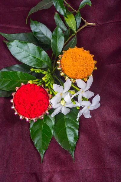 Beautifully Decoration for festival celebration to worship with flowers and leaves. Copy space.