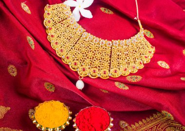 Golden Necklace to wear by a married hindu women, arranged with beautiful backgrond. Indian Traditional Jewellery.