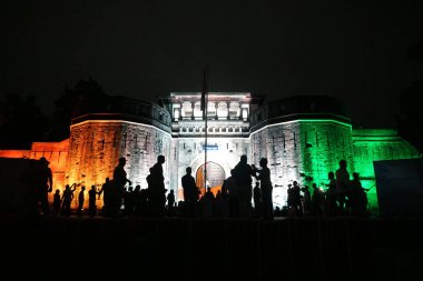 Castle with Indian national flag at night