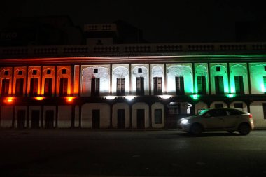 Historical building with Indian flag light at night