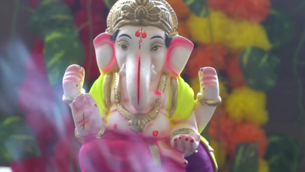 Estátua Hindu Ganesha Com Fumaça Colorida Índia — Vídeo de Stock