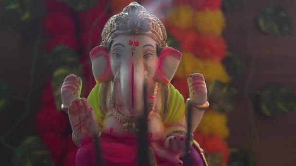 Estátua Hindu Ganesha Com Fumaça Colorida Índia — Vídeo de Stock