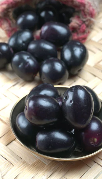 Plums Bowl Wooden Background — Stock Photo, Image