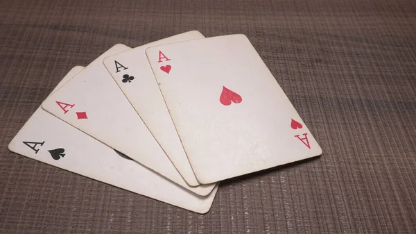 Aces Playing Cards Wooden Background — 图库照片
