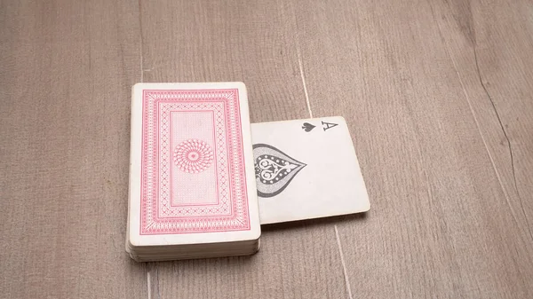 Set Playing Cards Wooden Background — Stock Photo, Image