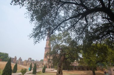 DELHI, Hindistan - 23 Şubat 2018: Kutub Minar, Hindistan 'daki en uzun minare mermer ve kırmızı kumtaşı kulesidir. 